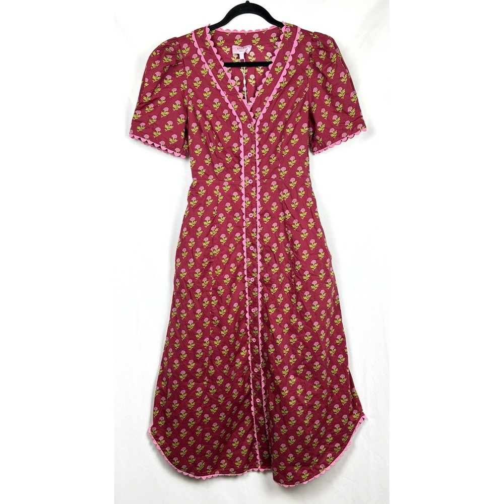 Entro Floral Block Print Midi Dress Small NWT Pink Scalloped Trim V-Neck Cottage